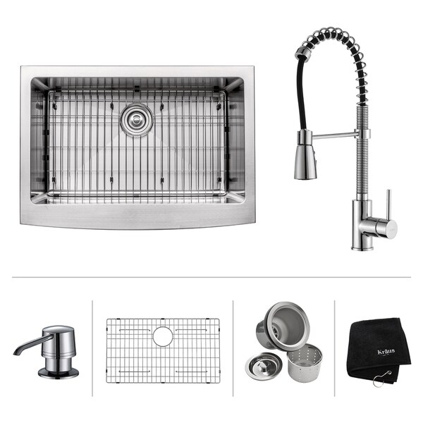 Kraus 3-in-1 Set Farmhouse Kitchen Sink, Pulldown Faucet, Dispenser