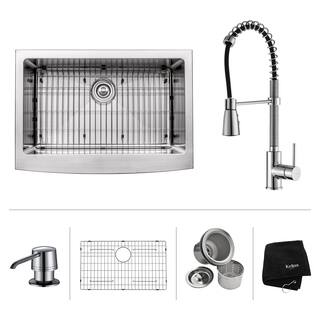 KRAUS Farmhouse Single Bowl Stainless Steel Kitchen Sink, KPF-1612 Commercial Pull Down Kitchen Faucet, Soap Dispenser