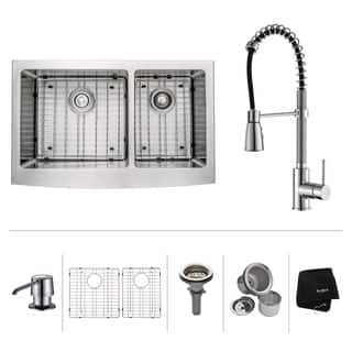 KRAUS Farmhouse Double Bowl Stainless Steel Kitchen Sink, KPF-1612 Commercial Pull Down Kitchen Faucet, Soap Dispenser