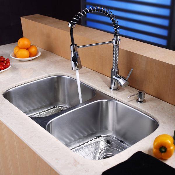 KRAUS 32 Undermount Double Bowl Kitchen Sink with 18 Commercial Kitchen  Faucet