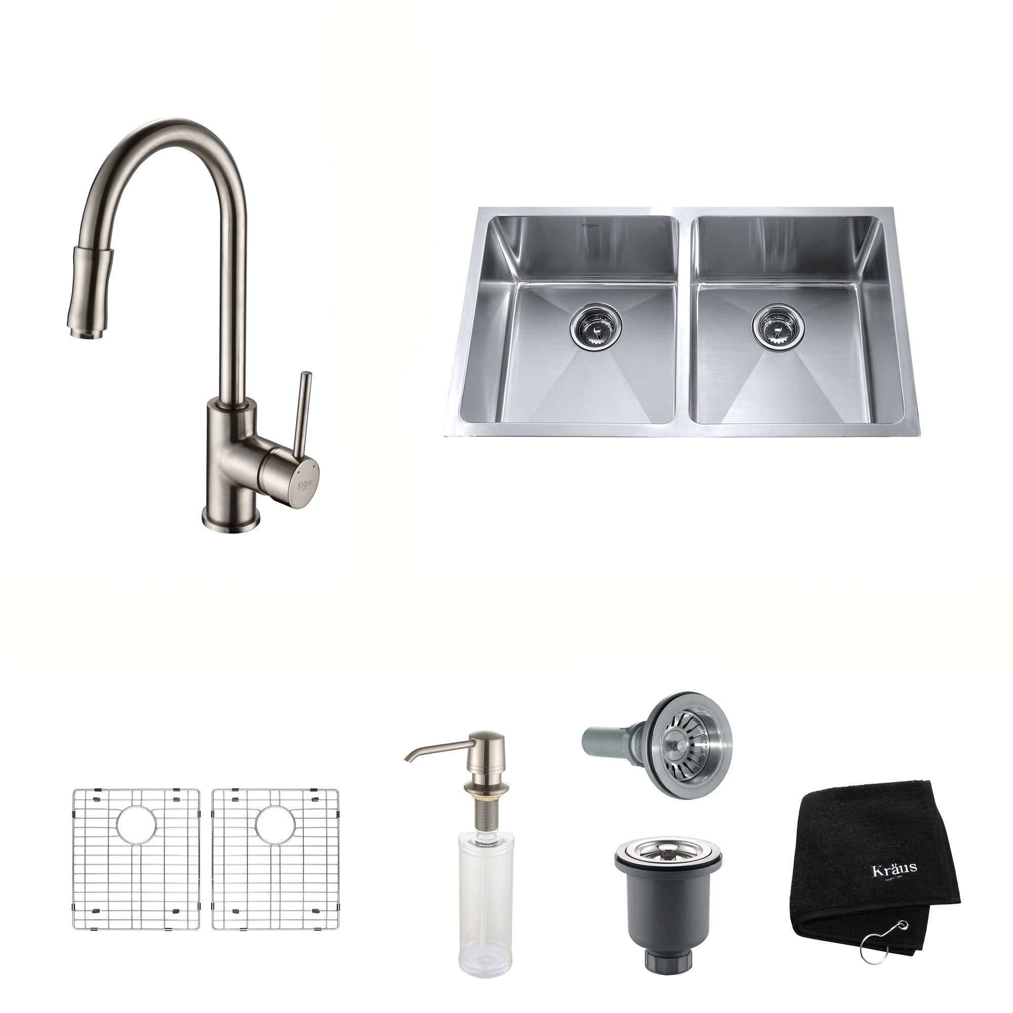 KRAUS 33 Inch Undermount Double Bowl Stainless Steel Kitchen Sink with  Kitchen Bar Faucet and Soap Dispenser - Bed Bath & Beyond - 4389944