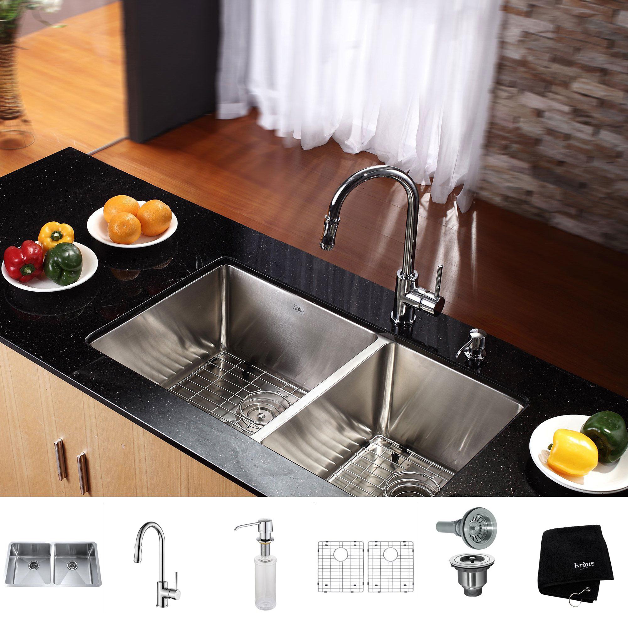 KRAUS 33 Inch Undermount Double Bowl Stainless Steel Kitchen Sink with  Kitchen Bar Faucet and Soap Dispenser - Bed Bath & Beyond - 4389944