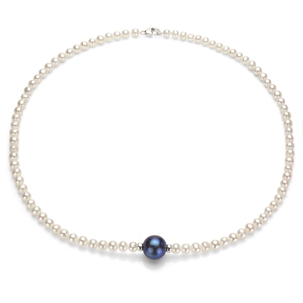 DaVonna Sterling Silver 4-5mm White and 11-12mm Black Freshwater Pearl Necklace 16"