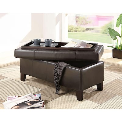 Chocolate Synthetic Leather Storage Bench with Wood Serving Tray