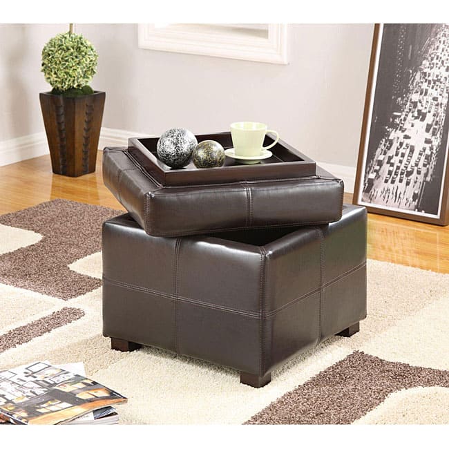 Chocolate Synthetic Leather Storage Cube with Wood Serving Tray