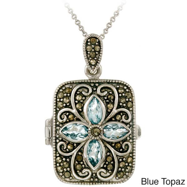 Glitzy Rocks Sterling Silver Gemstone and Marcasite Locket Necklace Glitzy Rocks Lockets Necklaces