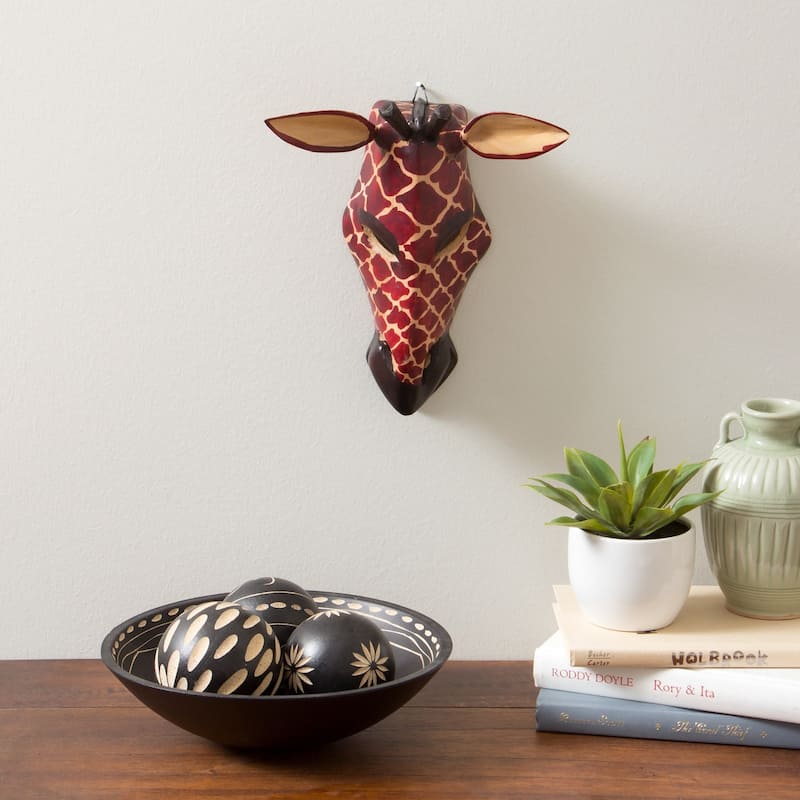 Hand-carved Wood African Giraffe Mask , Handmade in Kenya - Red