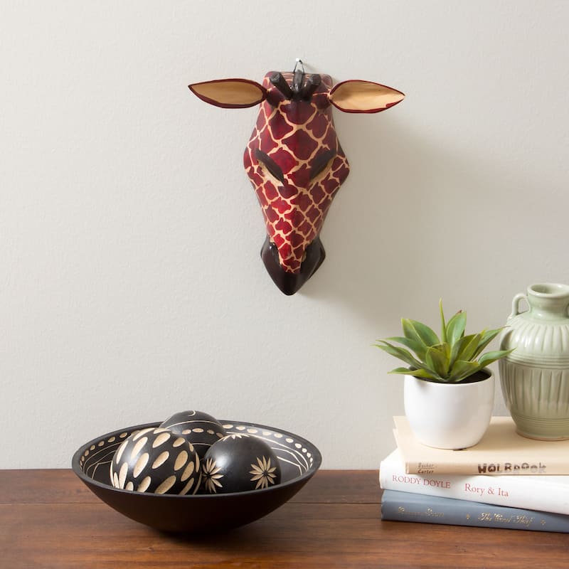 Hand-carved Wood African Giraffe Mask , Handmade in Kenya - Red