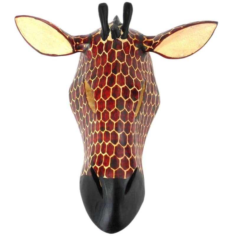 Hand-carved Wood African Giraffe Mask , Handmade in Kenya - Red