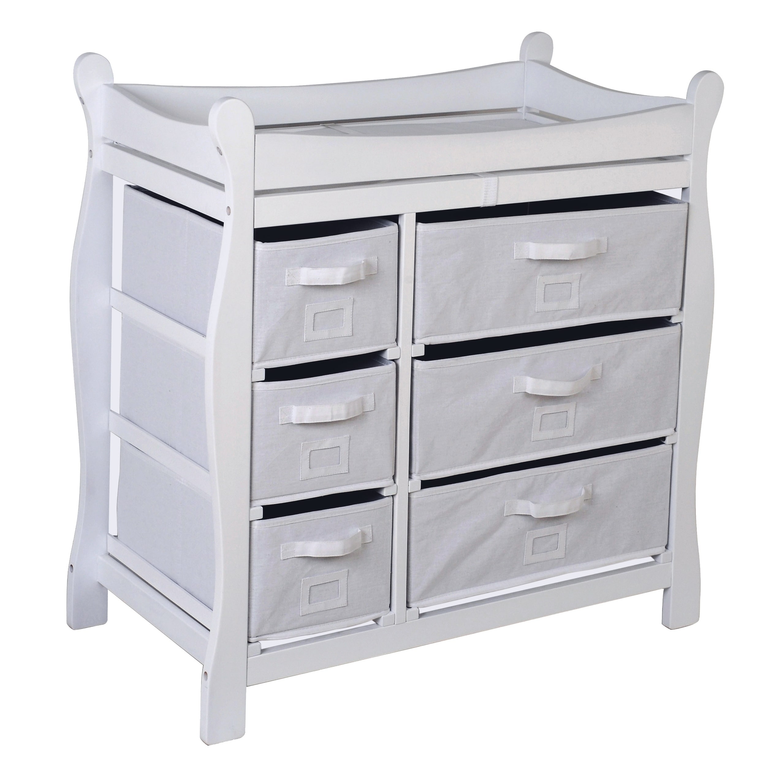 sleigh style baby changing table with 6 storage baskets and pad