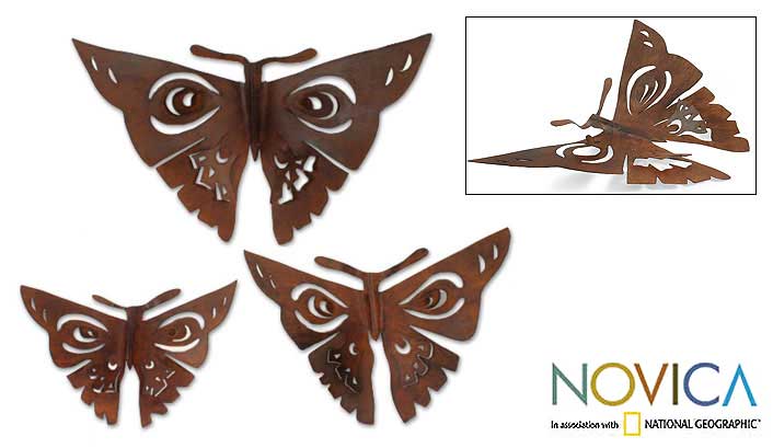 Set of 3 Iron 'Aztec Butterflies' Wall Adornments
