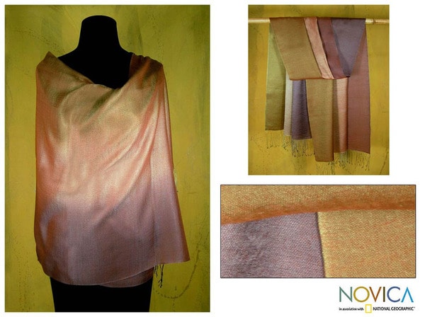 Silk and Wool 'Natural Radiance' Shawl (India) Novica Scarves & Wraps