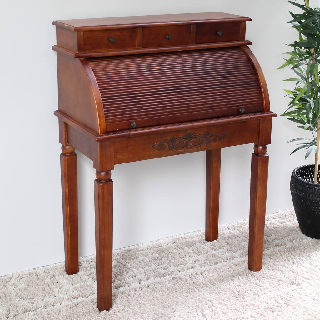 Windsor Carved Wood Roll Top Desk