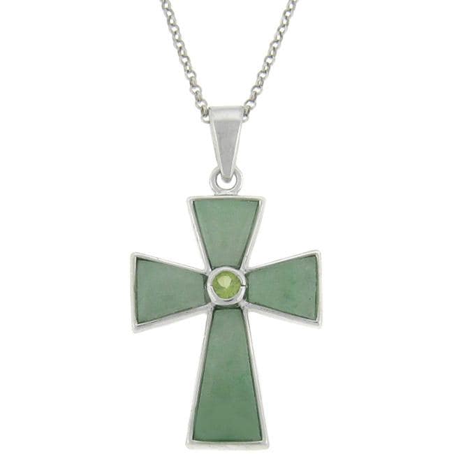 Sterling Silver Green Jade and Peridot Cross Necklace