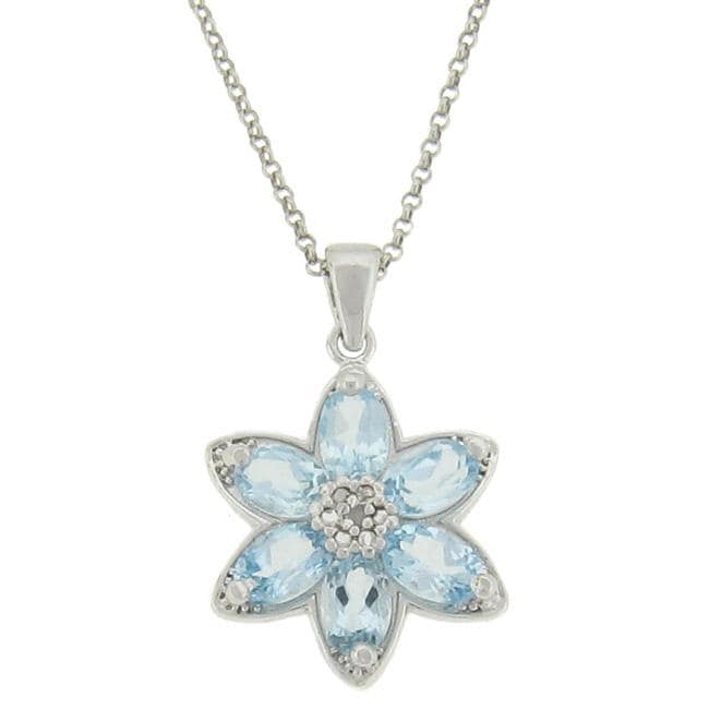 Sterling Silver Blue Topaz and Diamond Accent Flower Necklace