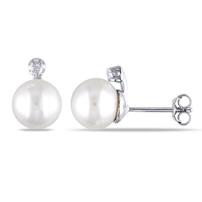 Miadora Sterling Silver Freshwater Pearl and Diamond Earrings (8-8.5 mm)