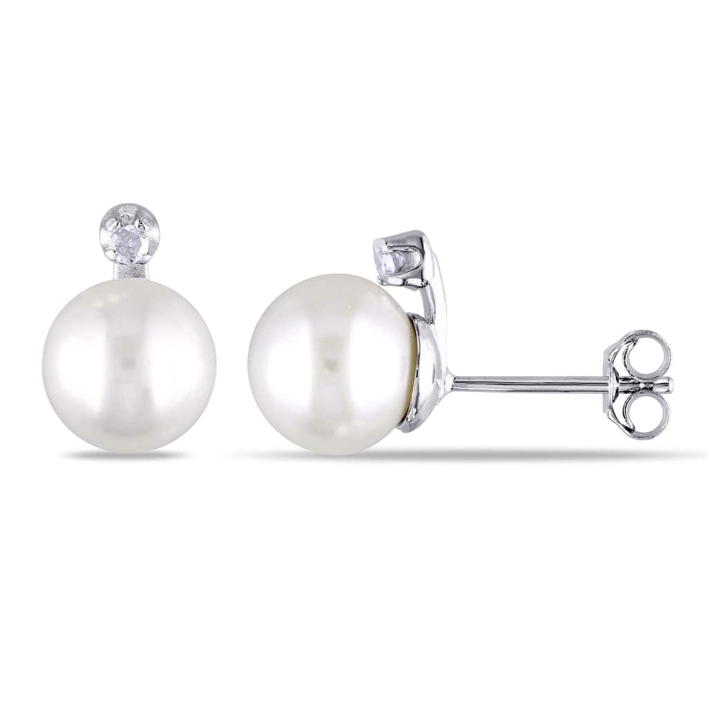 Miadora Sterling Silver Freshwater Pearl and Diamond Earrings (8-8.5 mm)