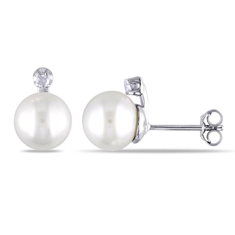 Miadora Sterling Silver Freshwater Pearl and Diamond Earrings (8-8.5 mm)