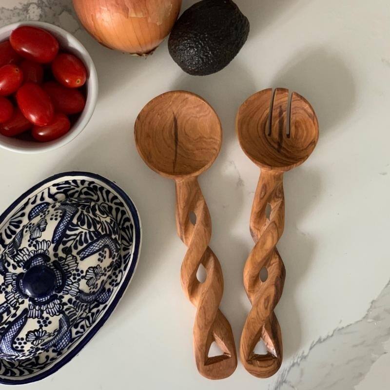 Handmade 8" Braided Olive Wood Salad Server, Set of 2 (Kenya) - Natural Wood Grain