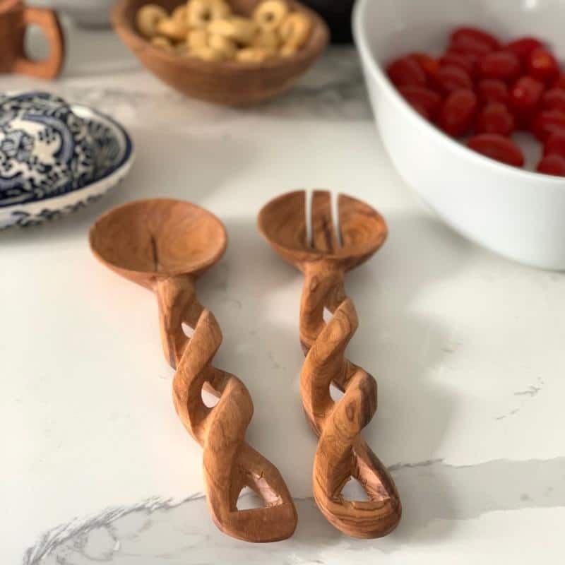Handmade 8" Braided Olive Wood Salad Server, Set of 2 (Kenya) - Natural Wood Grain
