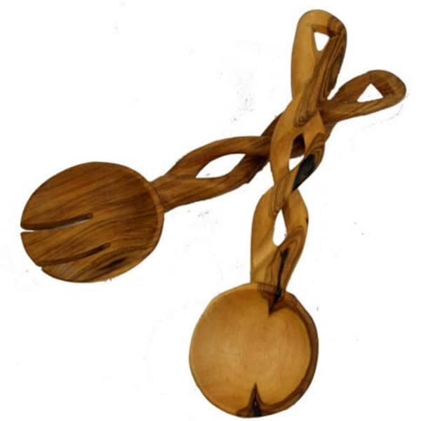 Handmade 8" Braided Olive Wood Salad Server, Set of 2 (Kenya) - Natural Wood Grain