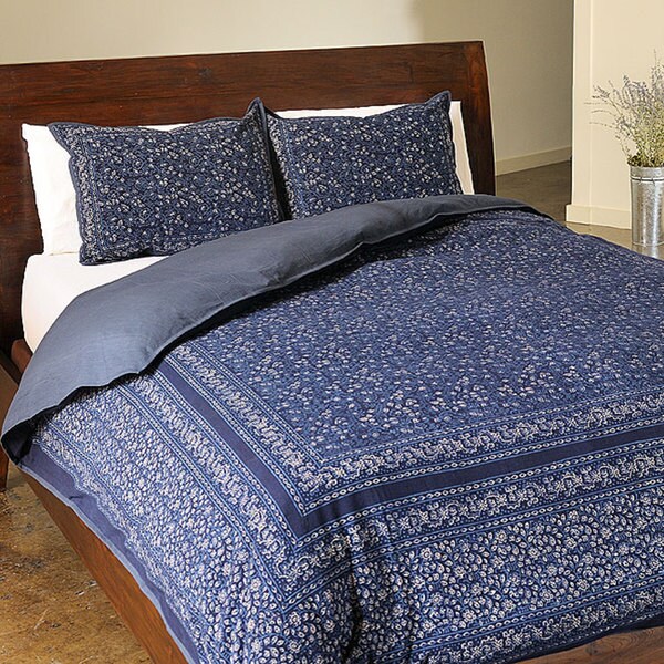 Shop Cotton Dark Blue Kalamkari 3piece Duvet Cover Set (India) Free