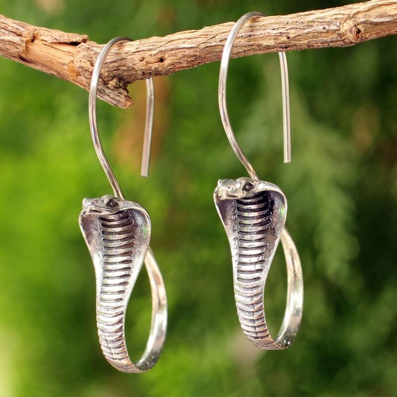 NOVICA Cobra Guardian Detailed Snake Elongated Hook 925 Sterling Silver Animal Theme Handmade Artisan Women's Dangle Earrings