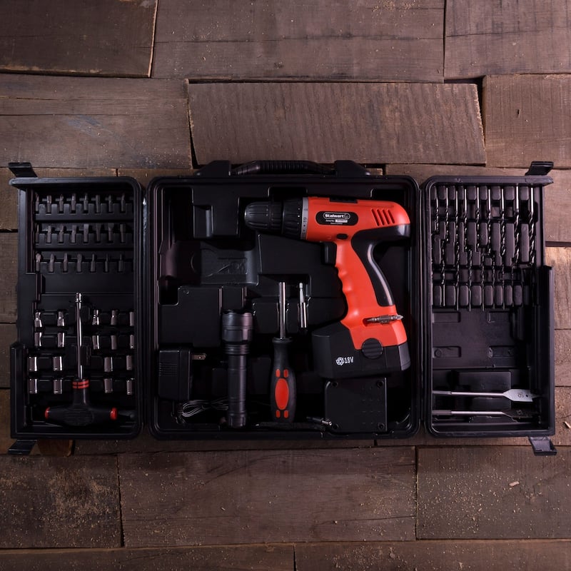 18V Cordless Drill Set - 78-Piece Tool Set with Drill Bits, Sockets, Driver Bits, Flashlight and Tool Box by Stalwart (Red)