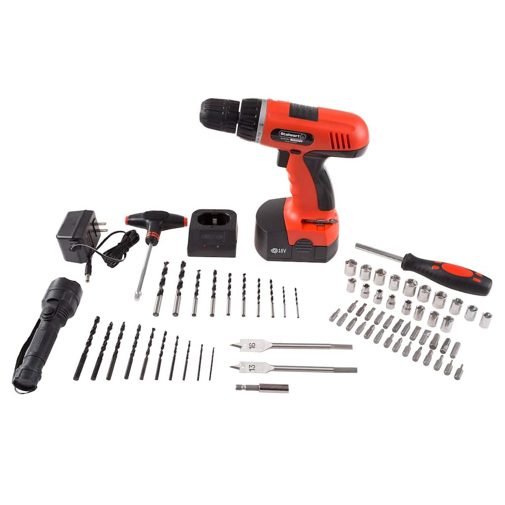 18V Cordless Drill Set - 78-Piece Tool Set with Drill Bits, Sockets, Driver Bits, Flashlight and Tool Box by Stalwart (Red)