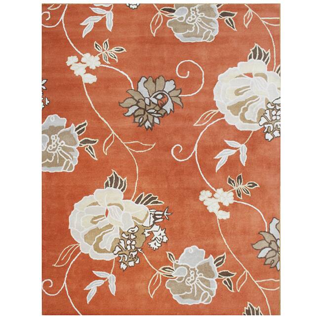 Hand-tufted Classic Flower Rust Wool Rug - 5' x 8'