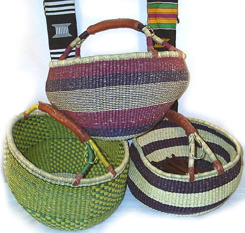 Set of 3 Straw Traditional Tribal Baskets , Handmade in Ghana