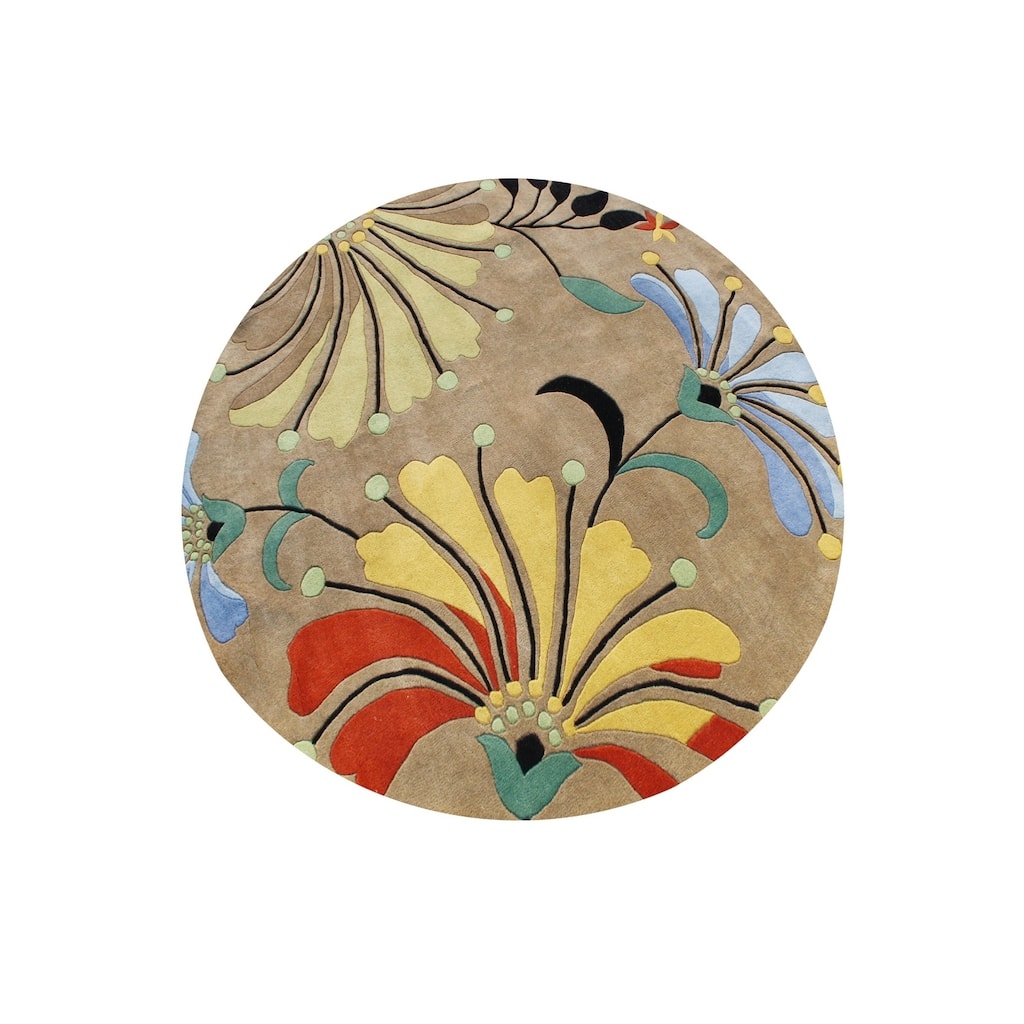 Hand-tufted Contempo Flowers Beige Wool Rug - 6' x 6'