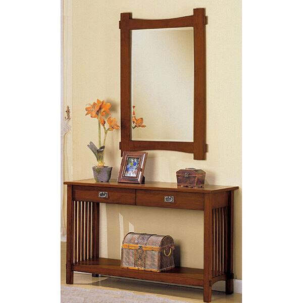 Furniture of America Oak Finish Hallway Console Table and Mirror - Silver