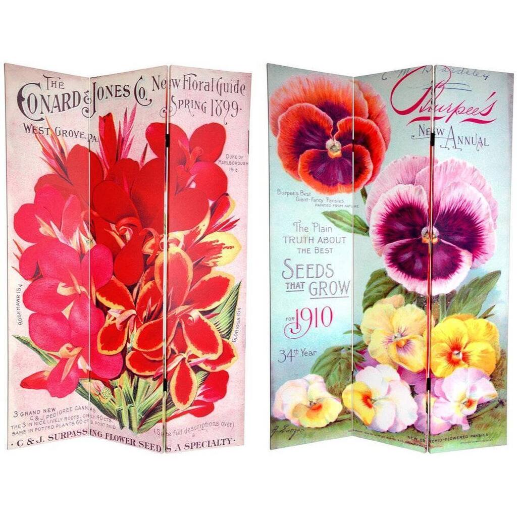 Handmade Double-sided 6-foot Pansy Flower Seeds Canvas Room Divider (China)