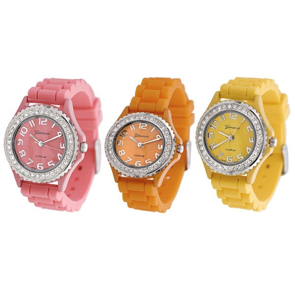 Geneva Womens Platinum Cubic Zirconia Silicone Strap Accent Watch