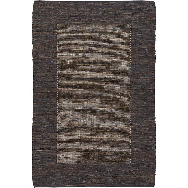 Hand woven Mandara Brown Leather Rug (79 X 106)