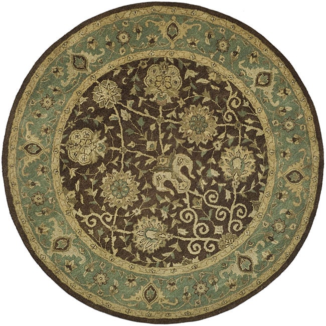 Handmade Mashad Brown/ Green Wool Rug (36 Round)