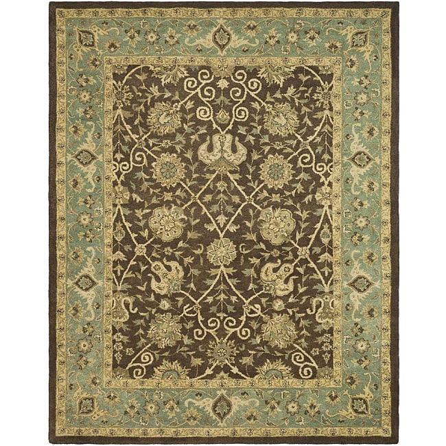 Handmade Mashad Brown/ Green Wool Rug (96 X 136)