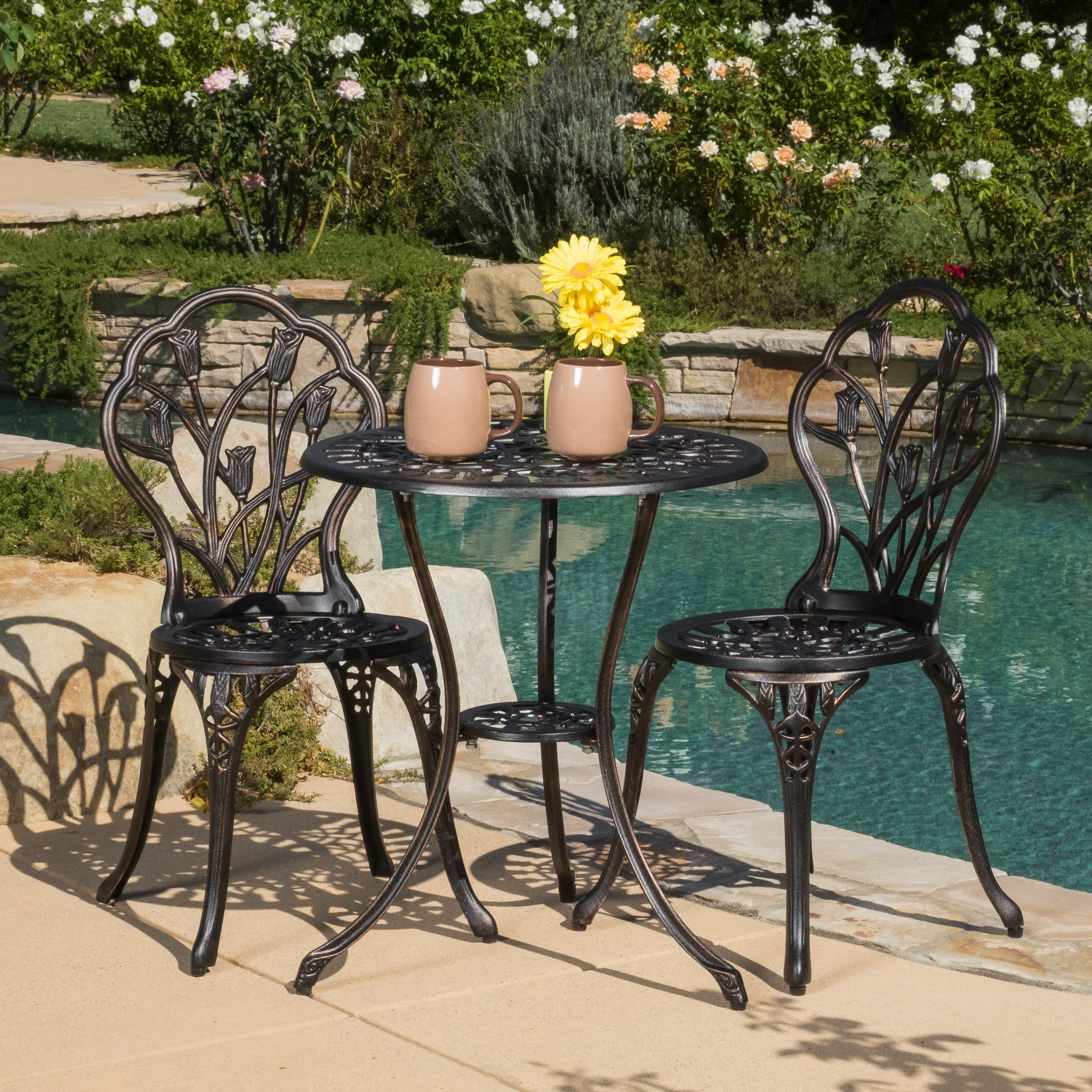 Nassau Outdoor Vintage Style Cast Aluminum Bistro Set with Tulips by Christopher Knight Home