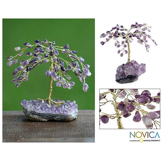 Brass 'Amethyst Leaves' Gemstone Tree (Brazil)