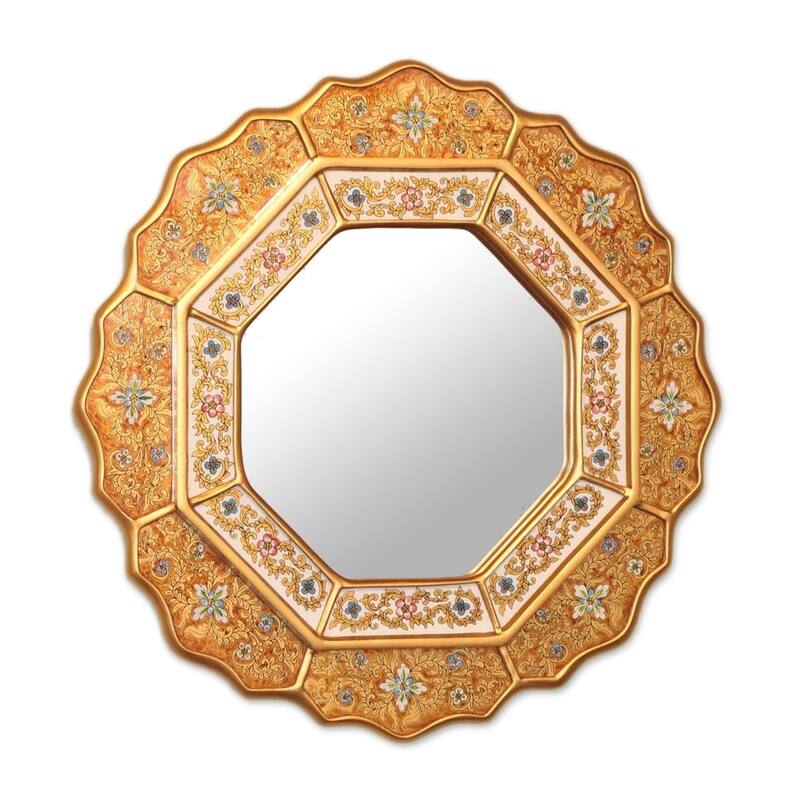 Handmade Octagonal Floral Goldtone Glass Wall Mirror - Metallic - 17.25" x 17.25" - 17.25" x 17.25" - Metallic