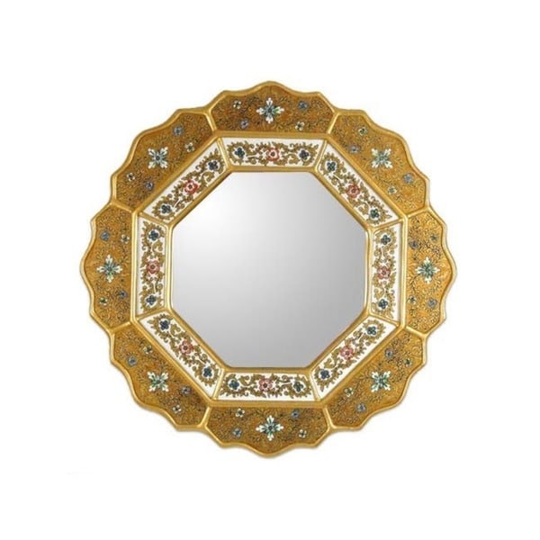 Golden Star Artisan Handmade Decor Hand-Painted Floral Gold Blue Red Accent Hall Bedroom Bathroom Glass Wall Mirror (Peru)