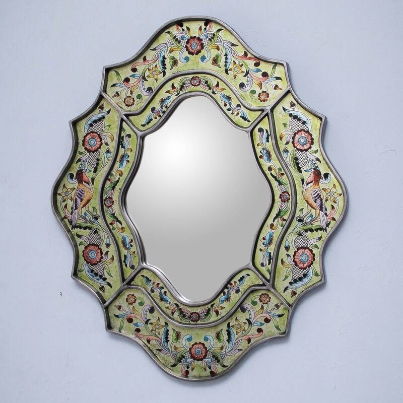 NOVICA Handmade Reverse Painted Verdant Spring Glass Mirror (Peru) - Green