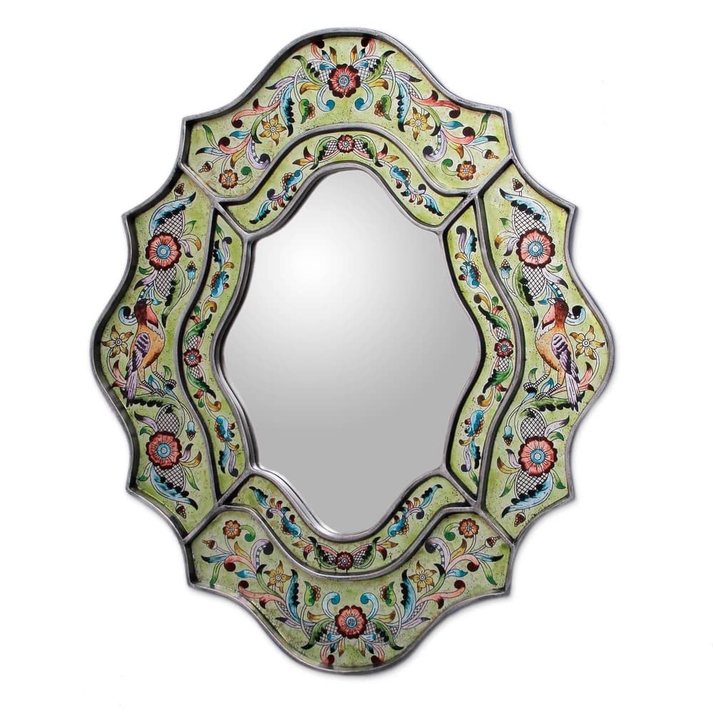 NOVICA Handmade Reverse Painted Verdant Spring Glass Mirror (Peru) - Green