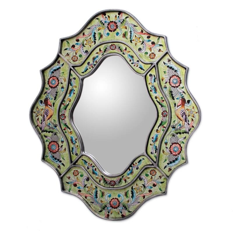 NOVICA Handmade Reverse Painted Verdant Spring Glass Mirror (Peru) - Green - Green