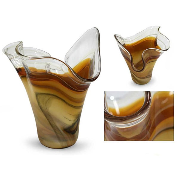 Shop Handblown 'Amber Fan' Glass Vase (Brazil) On Sale Free