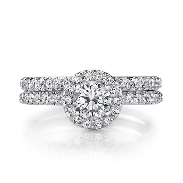 Shop 18k White Gold 1ct TDW Diamond Halo Bridal Ring Set - Free ...