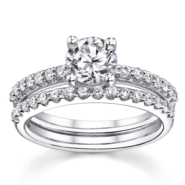 18k White Gold 1 1/2ct TDW Certified Round 2-Piece Diamond Bridal Set