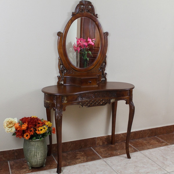 International Caravan Windsor Hand carved Kidney shaped Vanity Desk