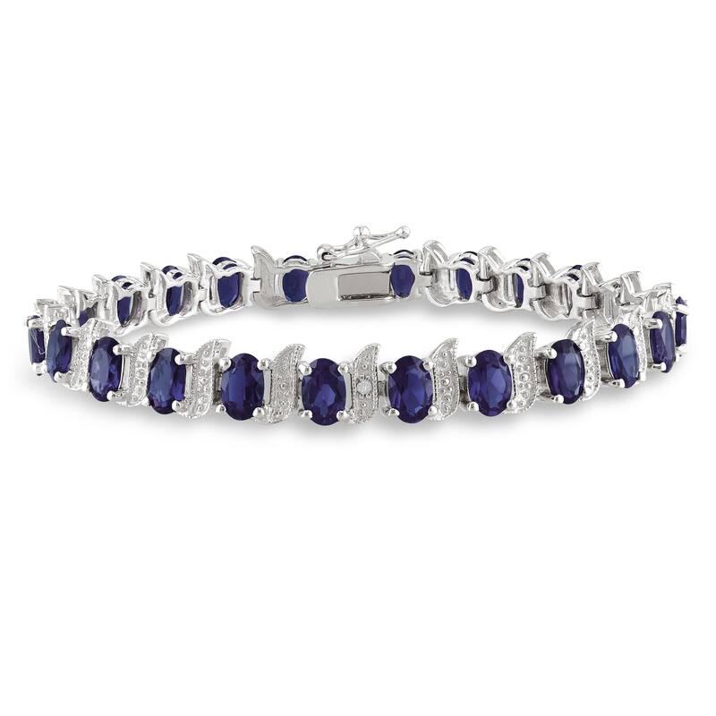 Miadora Silver Created Gemstone and Diamond Accent Tennis Bracelet - Blue - Sapphire